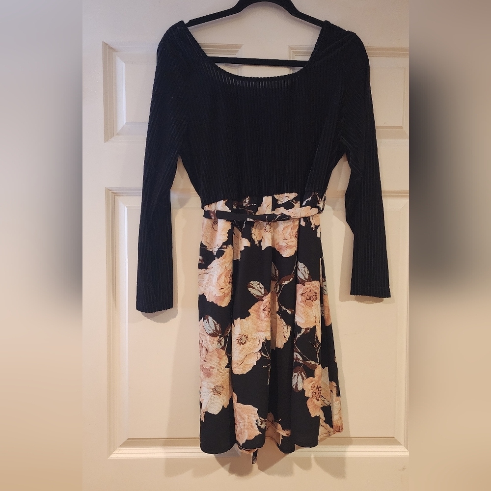 Shein black and pink floral belted knee length long sleeve dress